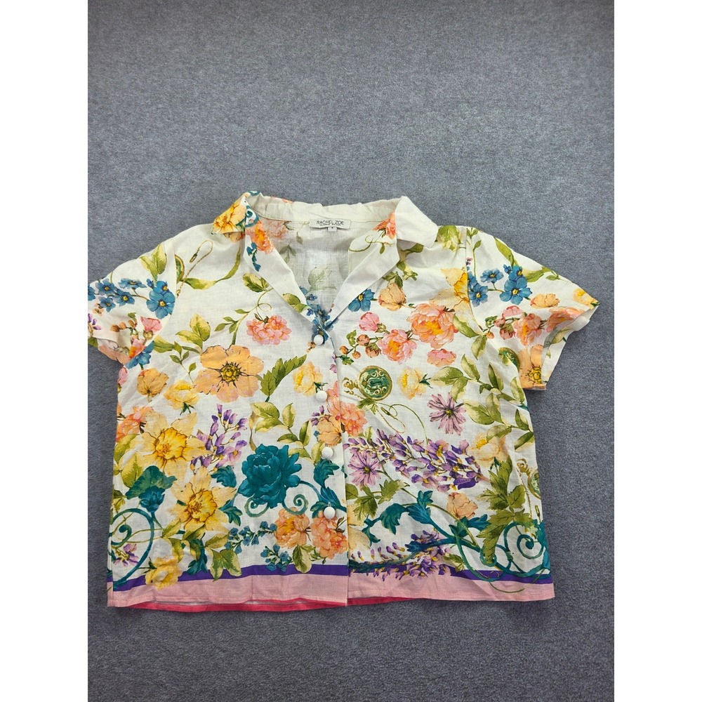 Rachel Zoe Floral Linen Blend Short Sleeve Camp Shirt Blouse Women's Small